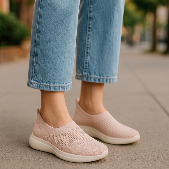 Fitflop Shoes - FITFLOP Ballerina Pink Slip On Sneakers 37 6 Blush Knit Woven Plantar Fasciitis